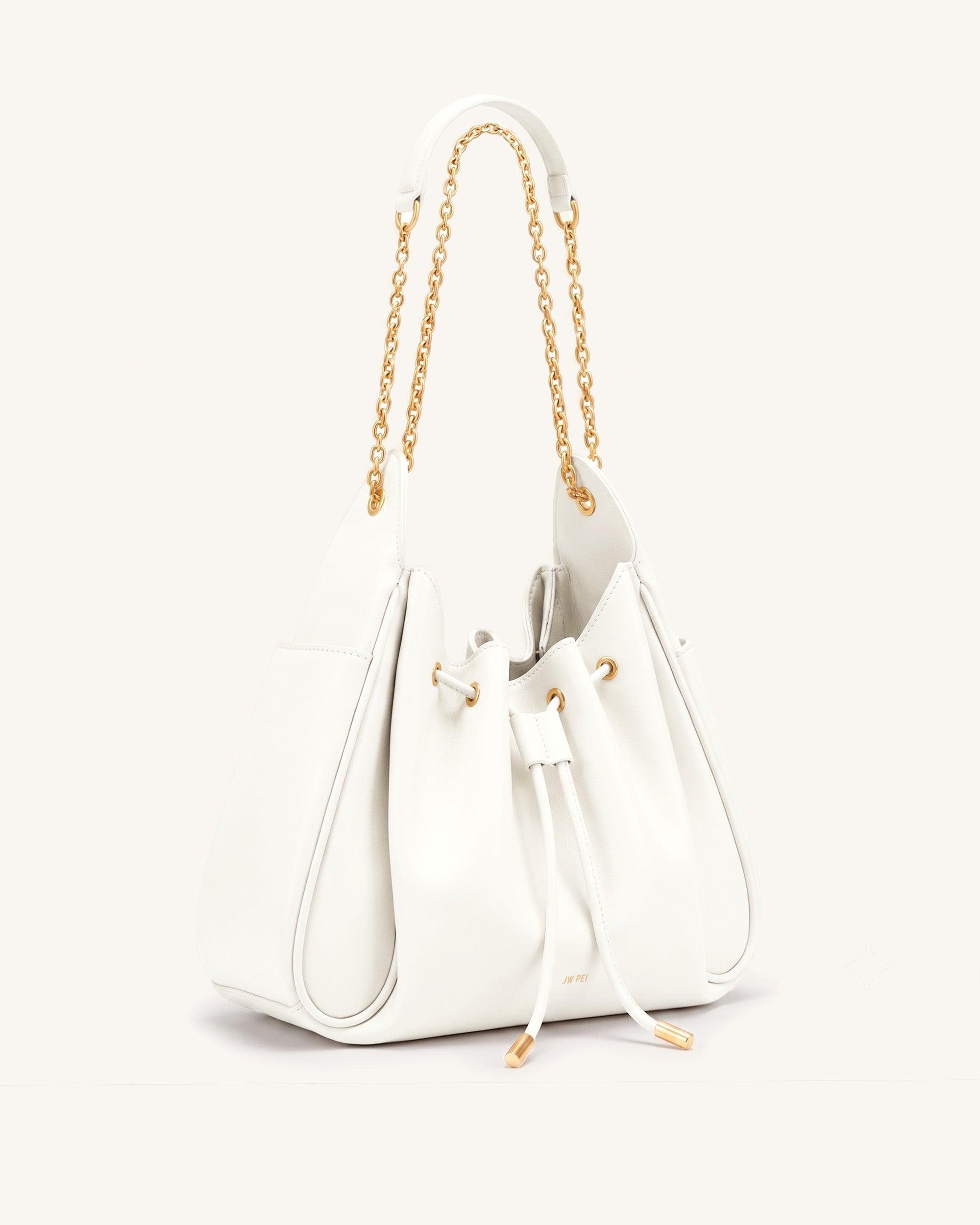 Rowan Ruched Drawstring Chain Bucket Bag - Ivory