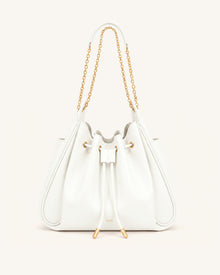 Rowan Ruched Drawstring Chain Bucket Bag - Ivory