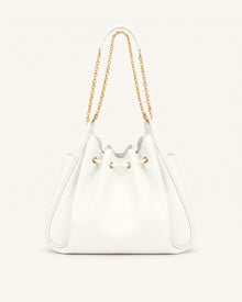 Rowan Ruched Drawstring Chain Bucket Bag - Ivory
