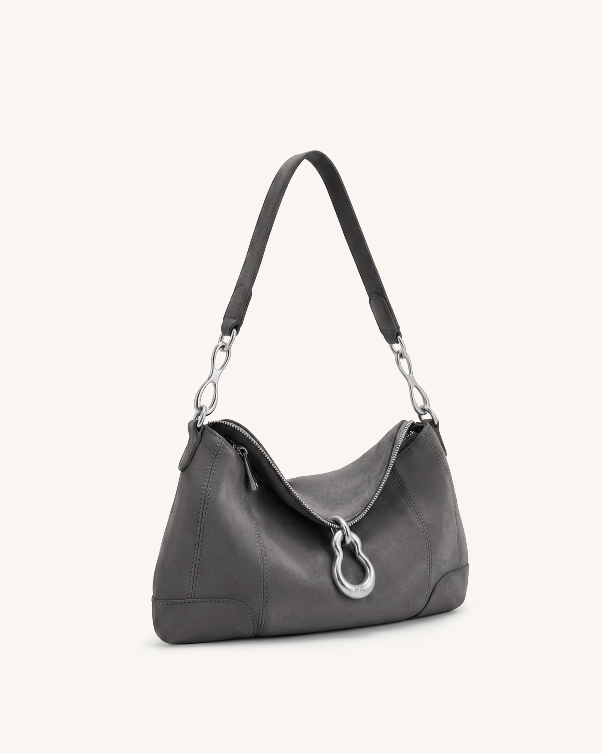 Jayla Faux Suede Metal Pendant Embellished Shoulder Bag - Dark Grey