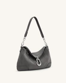Jayla Faux Suede Metal Pendant Embellished Shoulder Bag - Dark Grey
