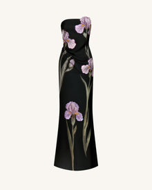 Iris Floral-Appliqué Strapless Maxi Dress - Black