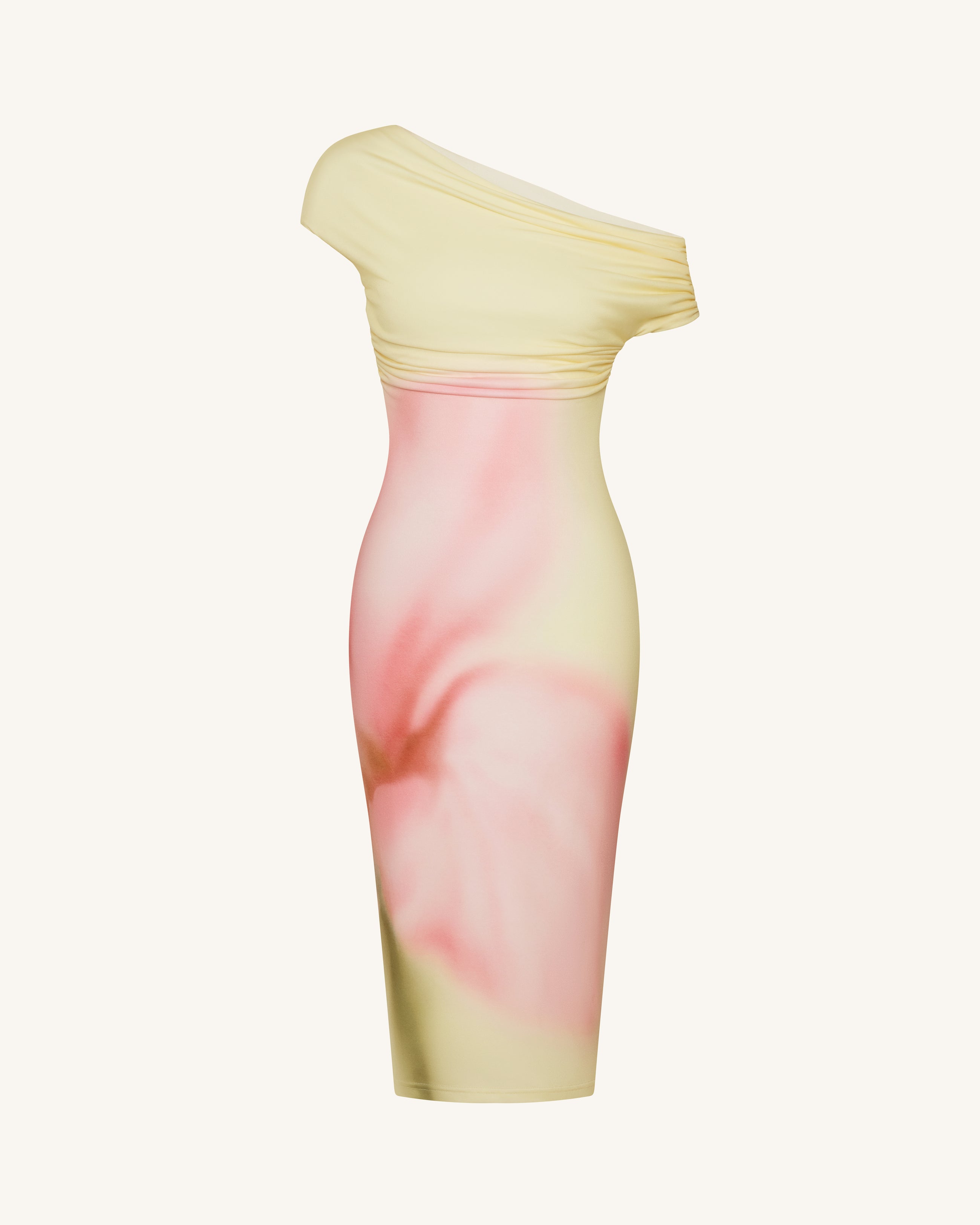 Watercolor Floral Print One-Shoulder Asymmetric Midi Dress - Yellow