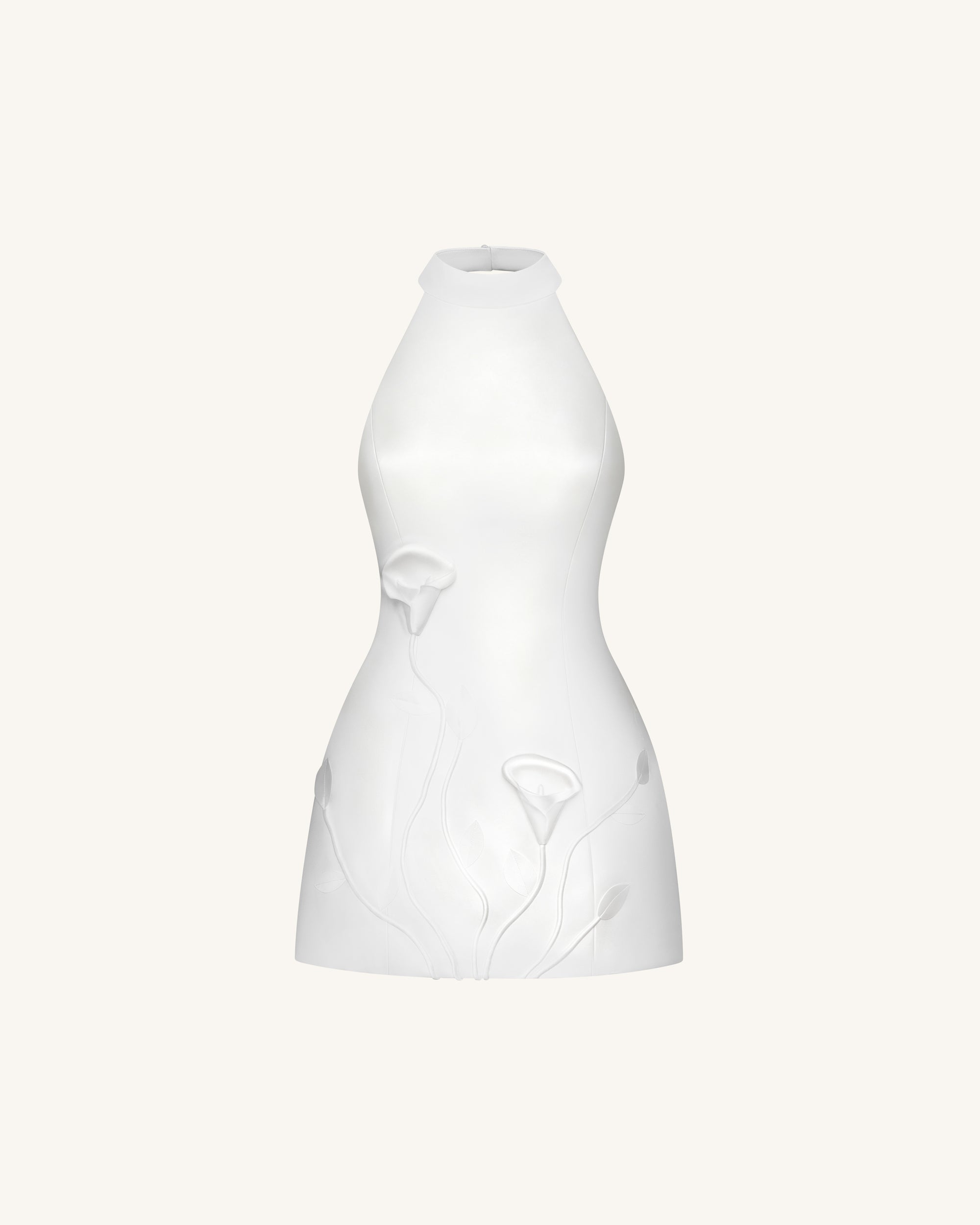 3D Floral Halter Mini Dress - White