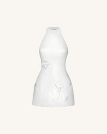 3D Floral Halter Mini Dress - White