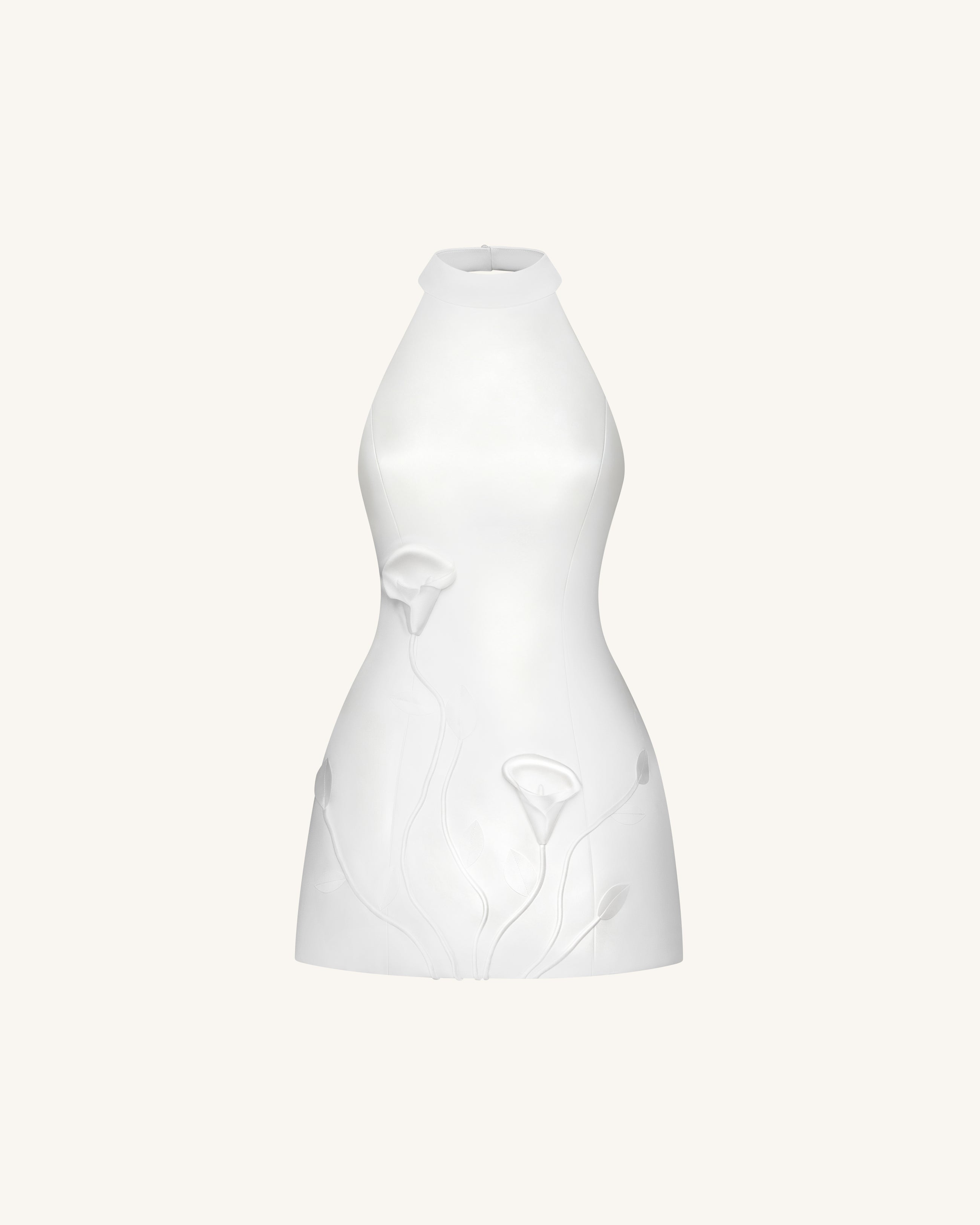 3D Floral Halter Mini Dress - White