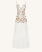 Floral Appliqué Sheer Tulle Maxi Dress - White