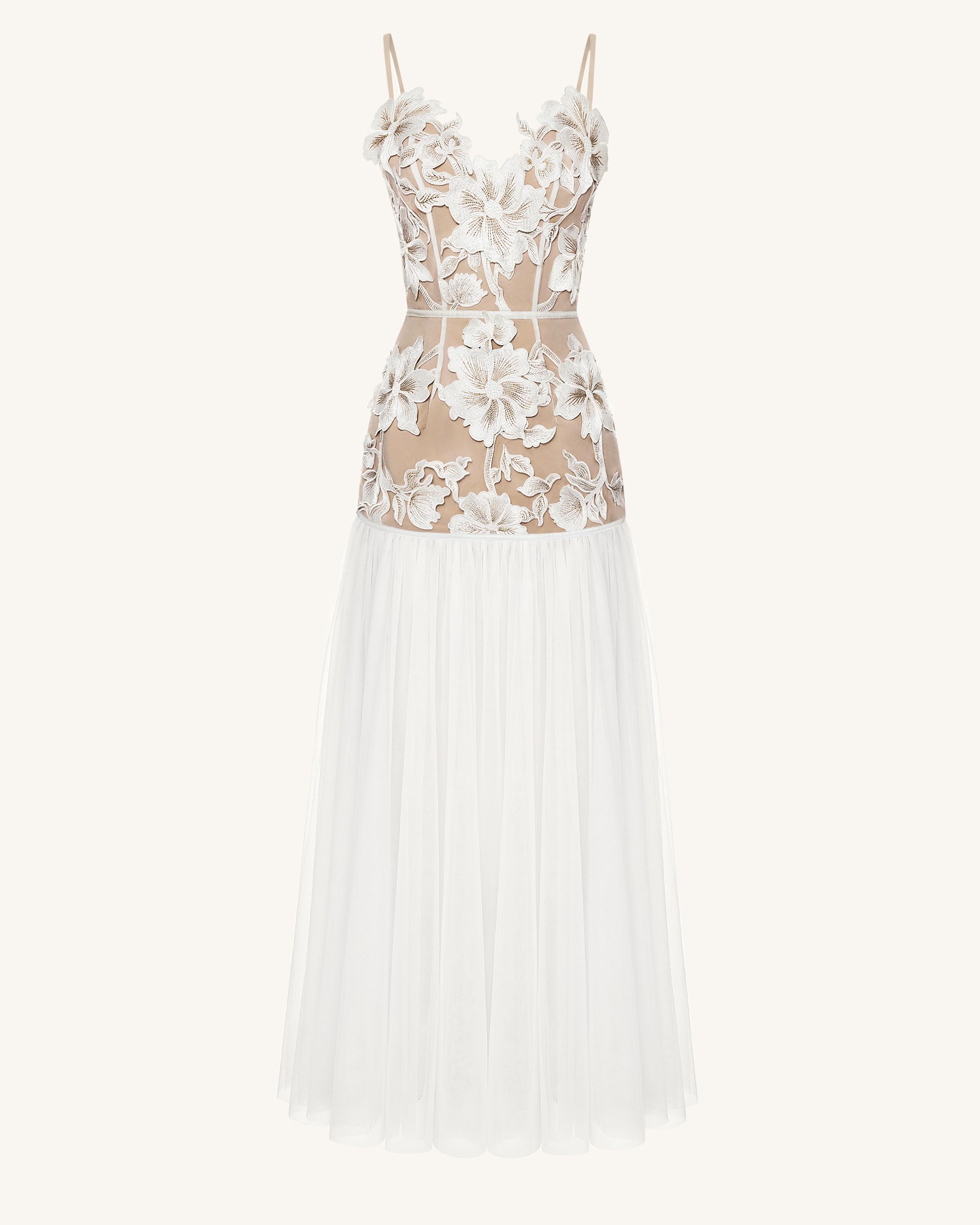 Floral Appliqué Sheer Tulle Maxi Dress - White