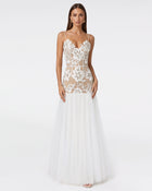 Floral Appliqué Sheer Tulle Maxi Dress - White
