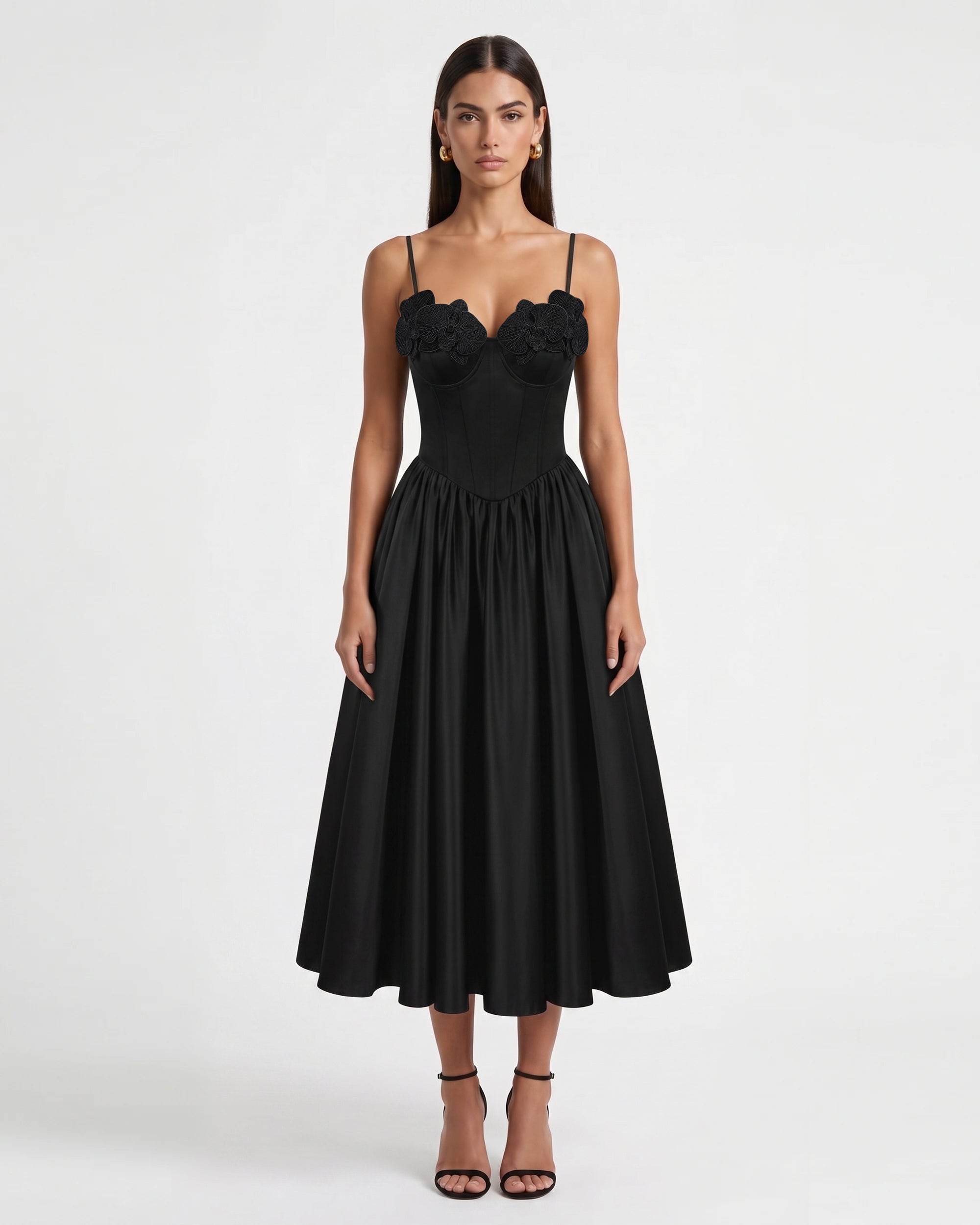 Orchid Embroidered Appliqué Corset Maxi Dress - Black