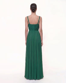 Iris Embroidered Pleated V-Neck Maxi Dress - Emerald Green