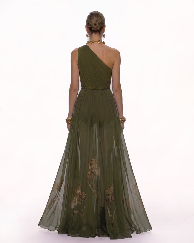 Floral One Shoulder Maxi Dress - Olive Green