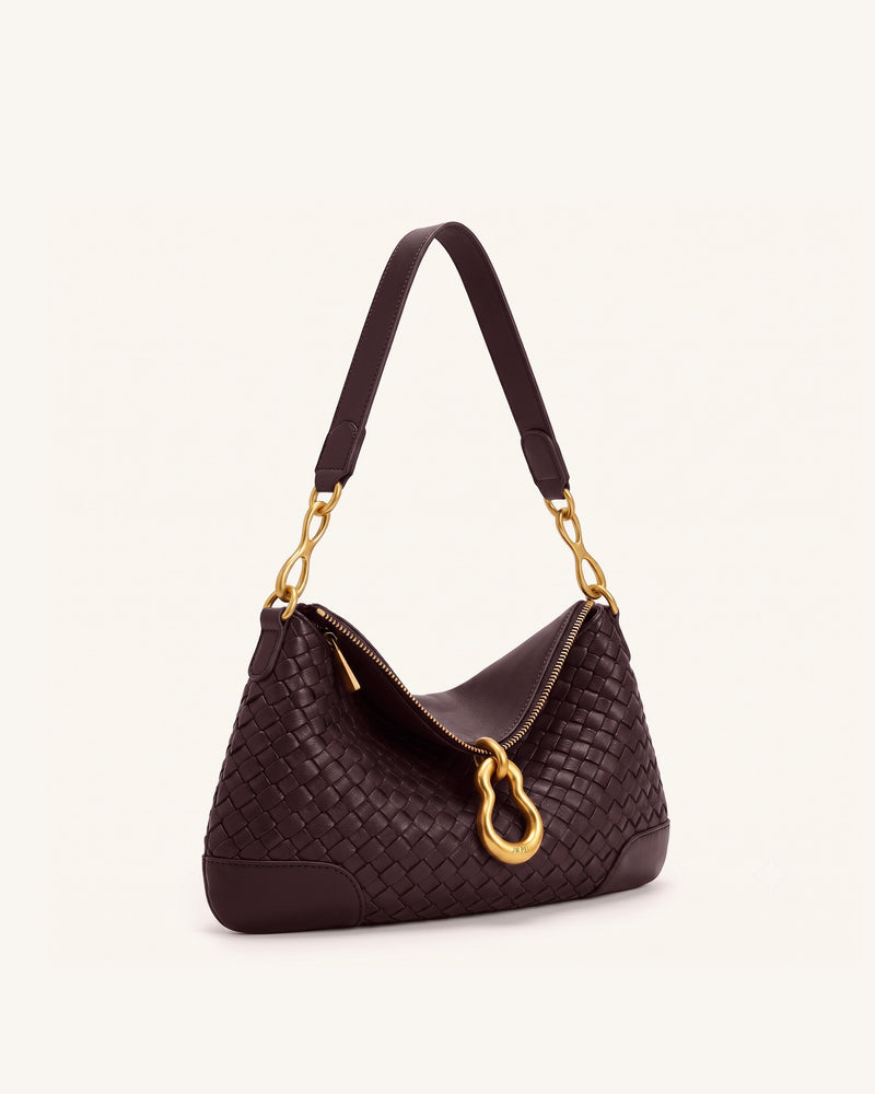 Jayla Metal Pendant Embellished Woven Shoulder Bag - Deep Burgundy