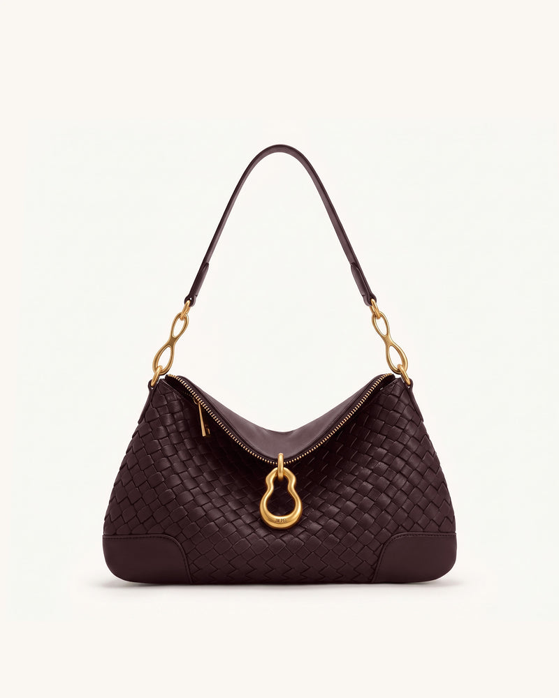 Jayla Metal Pendant Embellished Woven Shoulder Bag - Deep Burgundy