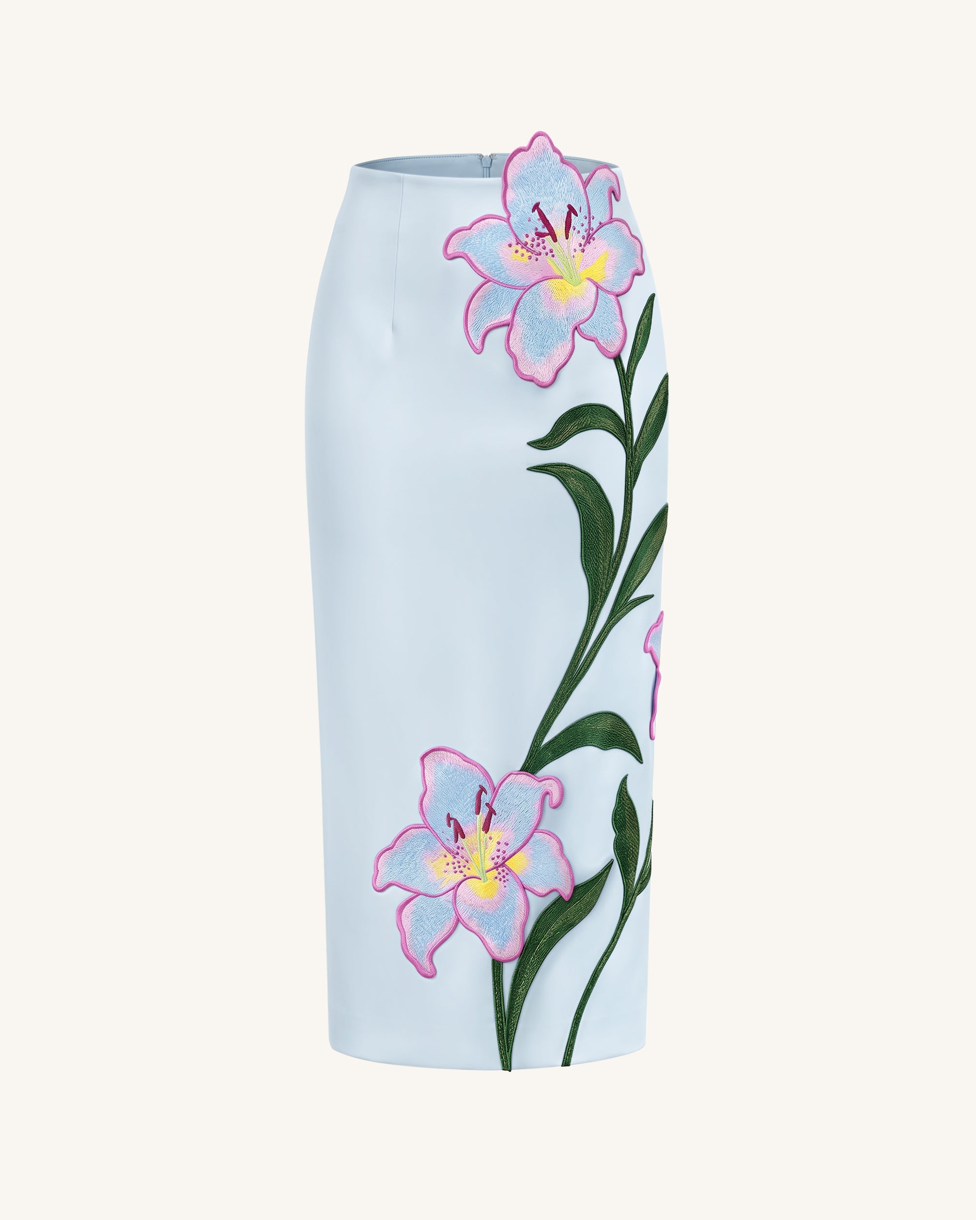 Lily Floral Embroidered High Waist Pencil Midi Skirt - Light Blue