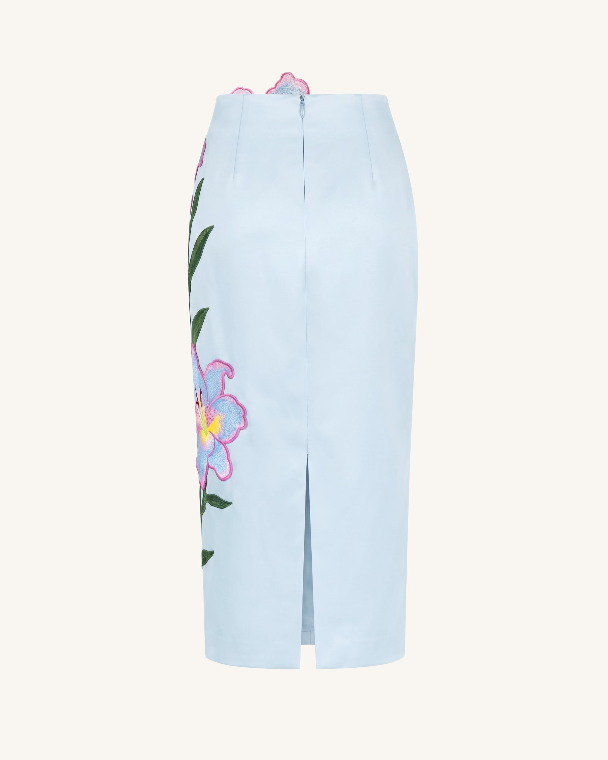 Lily Floral Embroidered High Waist Pencil Midi Skirt - Light Blue