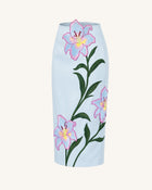 Lily Floral Embroidered High Waist Pencil Midi Skirt - Light Blue