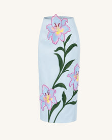 Lily Floral Embroidered High Waist Pencil Midi Skirt - Light Blue