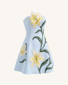 Lily Floral Print Strapless A-Line Mini Dress - Light Blue