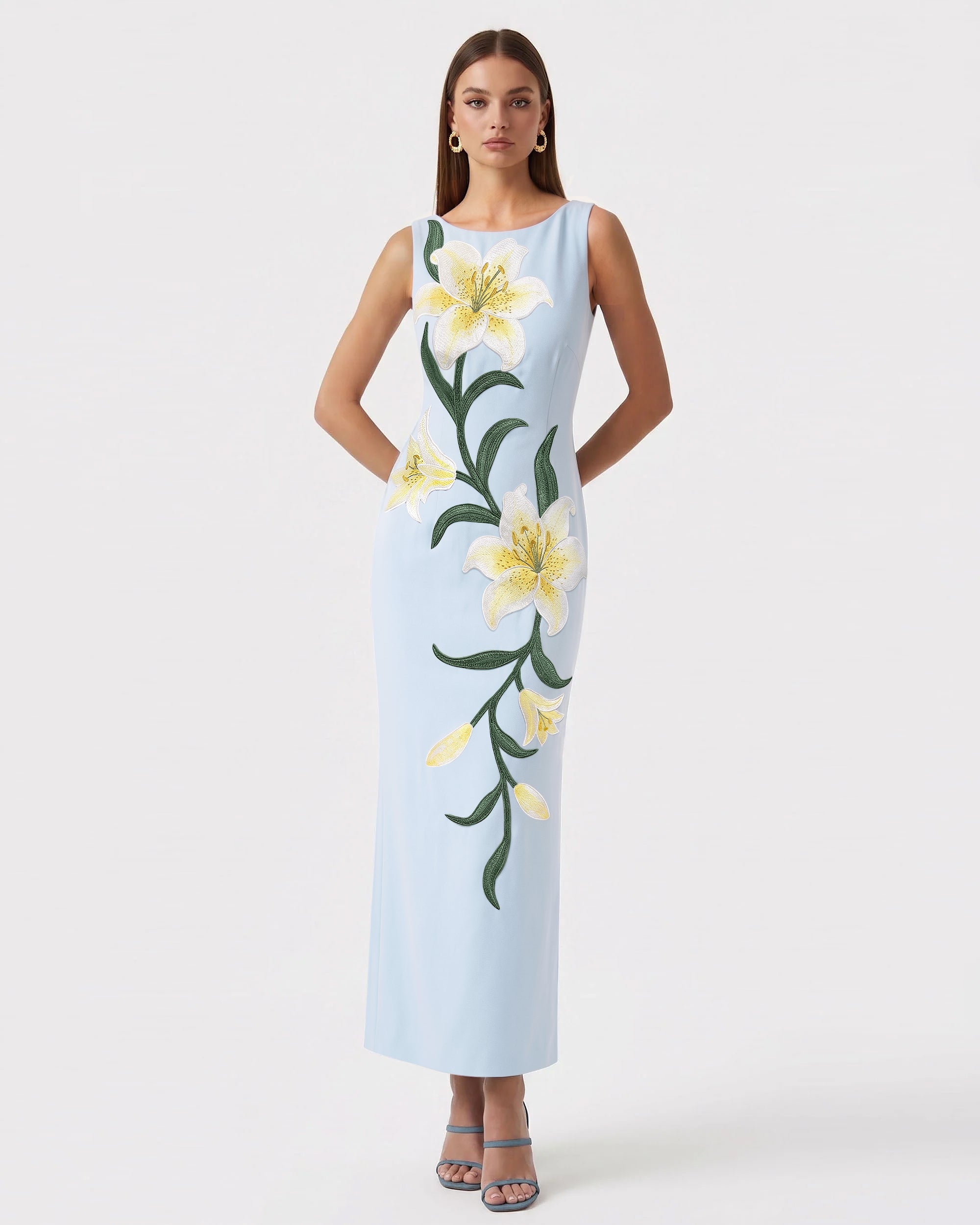Lily Floral Print Sleeveless Column Maxi Dress - Light Blue