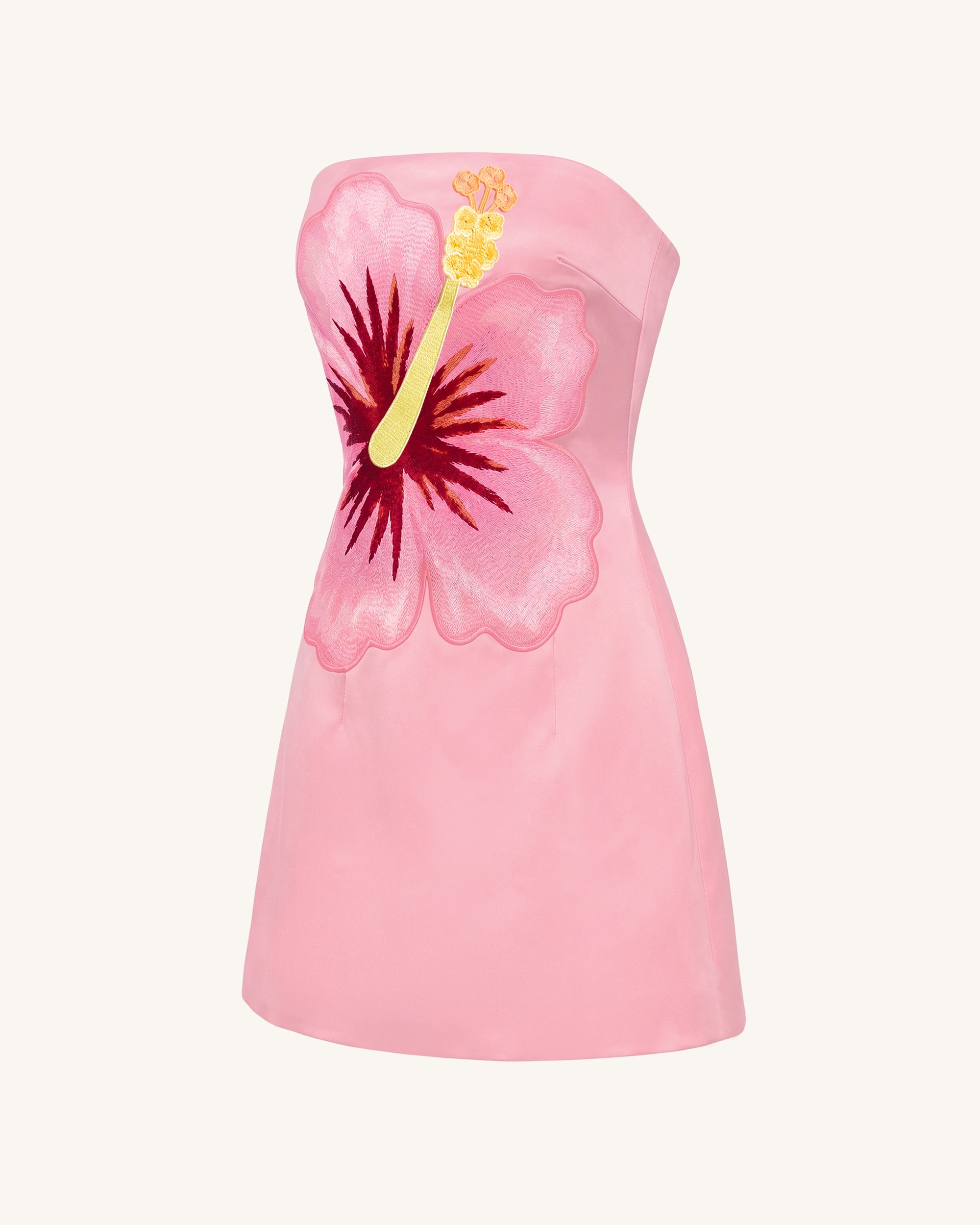 Hibiscus Embroidered Bandeau Mini Dress - Pink