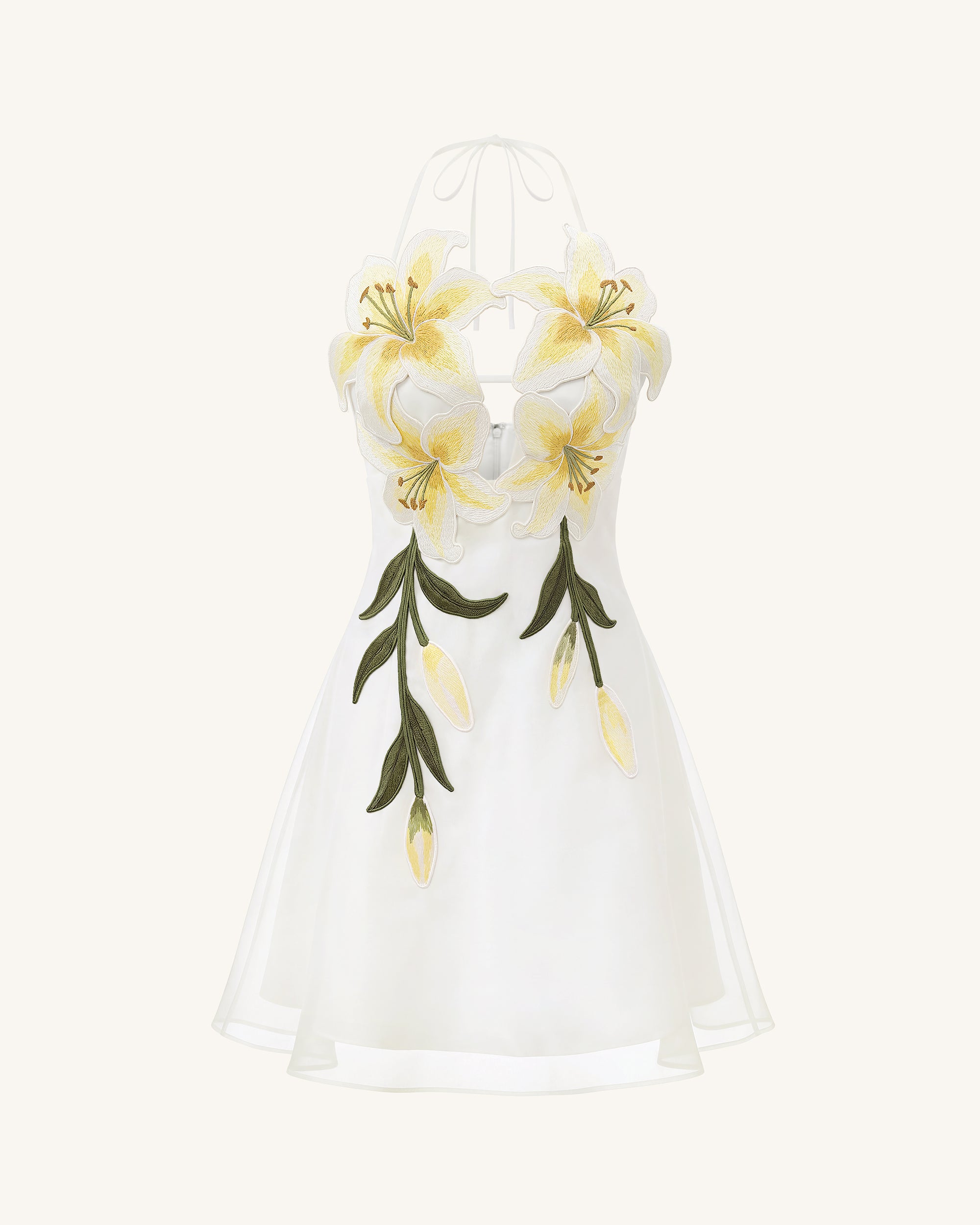 Lily-Embroidered Halter Mini Dress - White