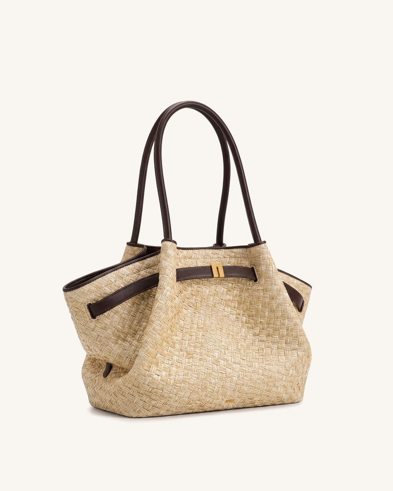 Hana Medium Faux Straw Tote Bag - Brown