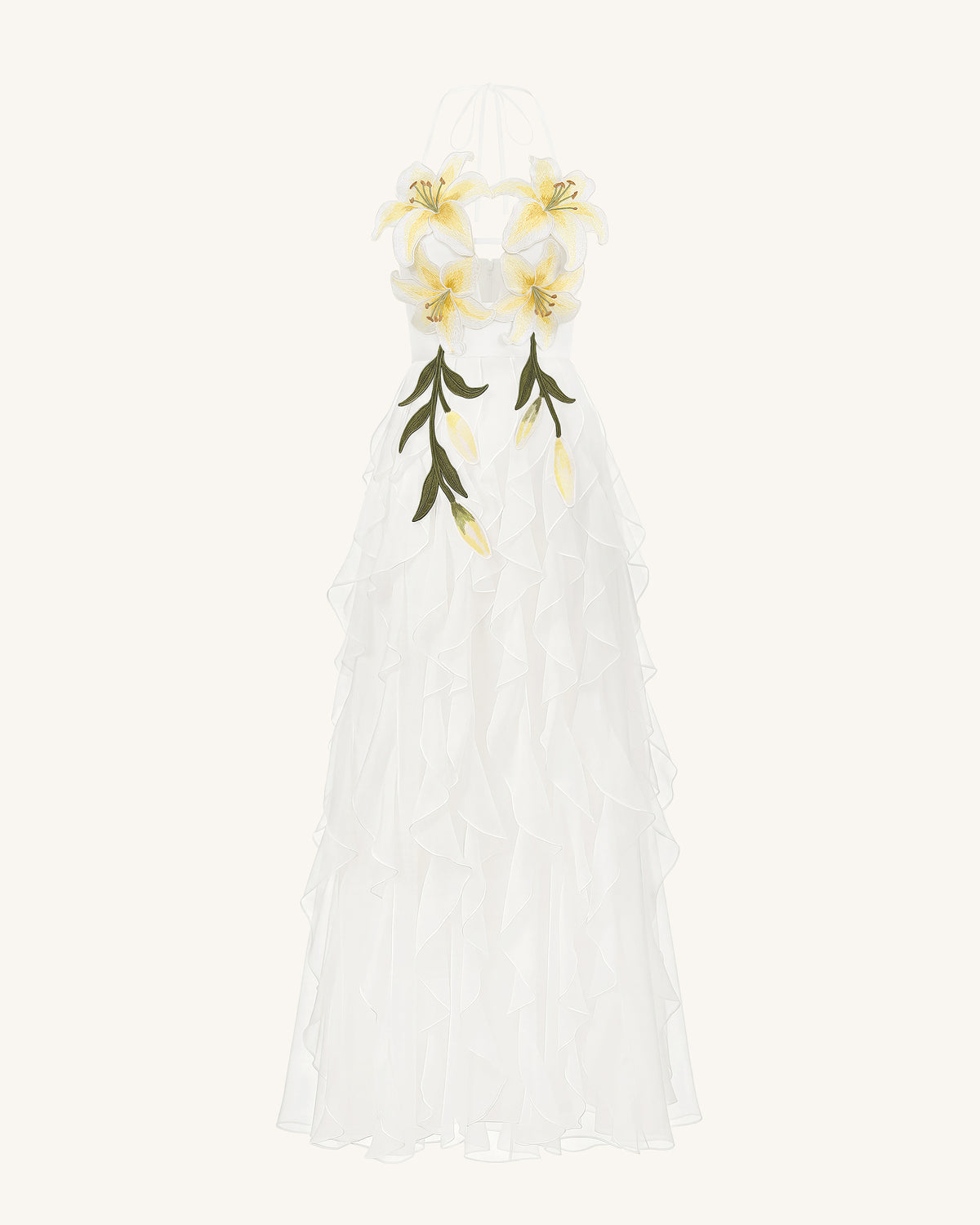 Lily-Embroidered Embroidered Halter Tiered Maxi Dress - White