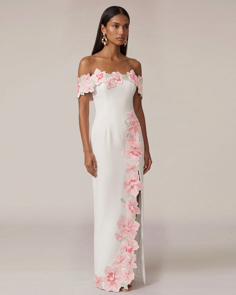 Flower Embroidered Off-Shoulder Maxi Dress - Ivory