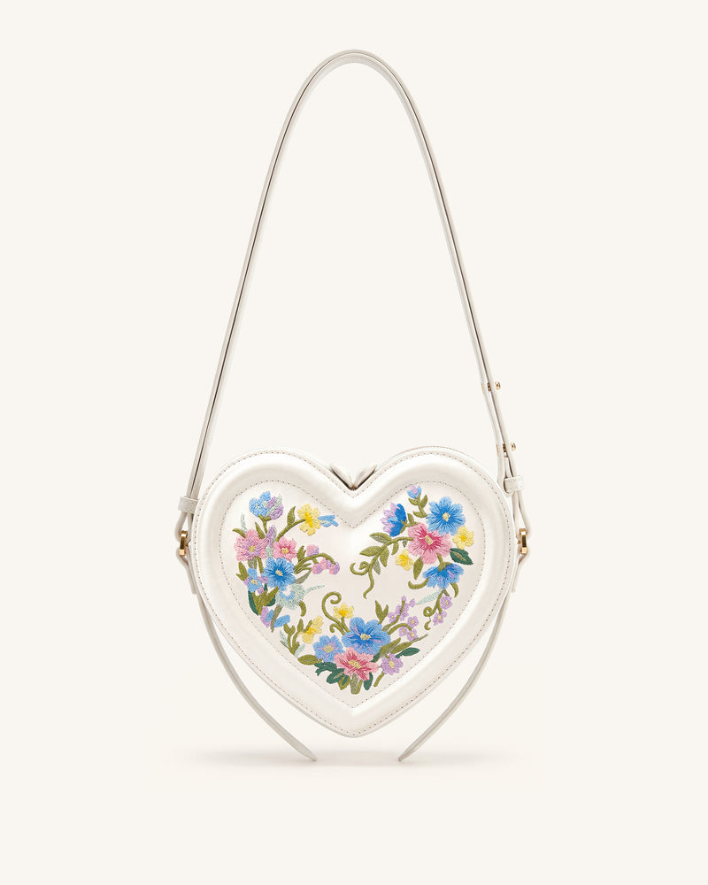 Arlene Embroidered Heart Shape Crossbody Bag - Ivory White