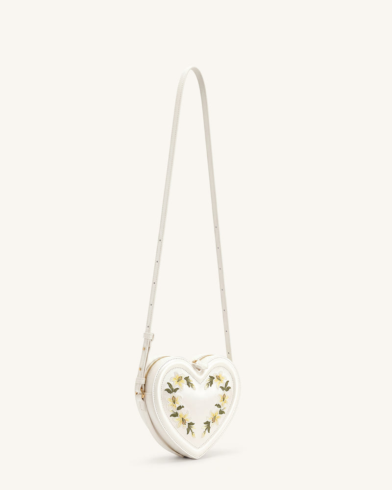 Arlene Embroidered Heart Shape Crossbody Bag - Milky White