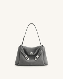 Rhea Faux Suede Double Buckle Shoulder Bag - Grey