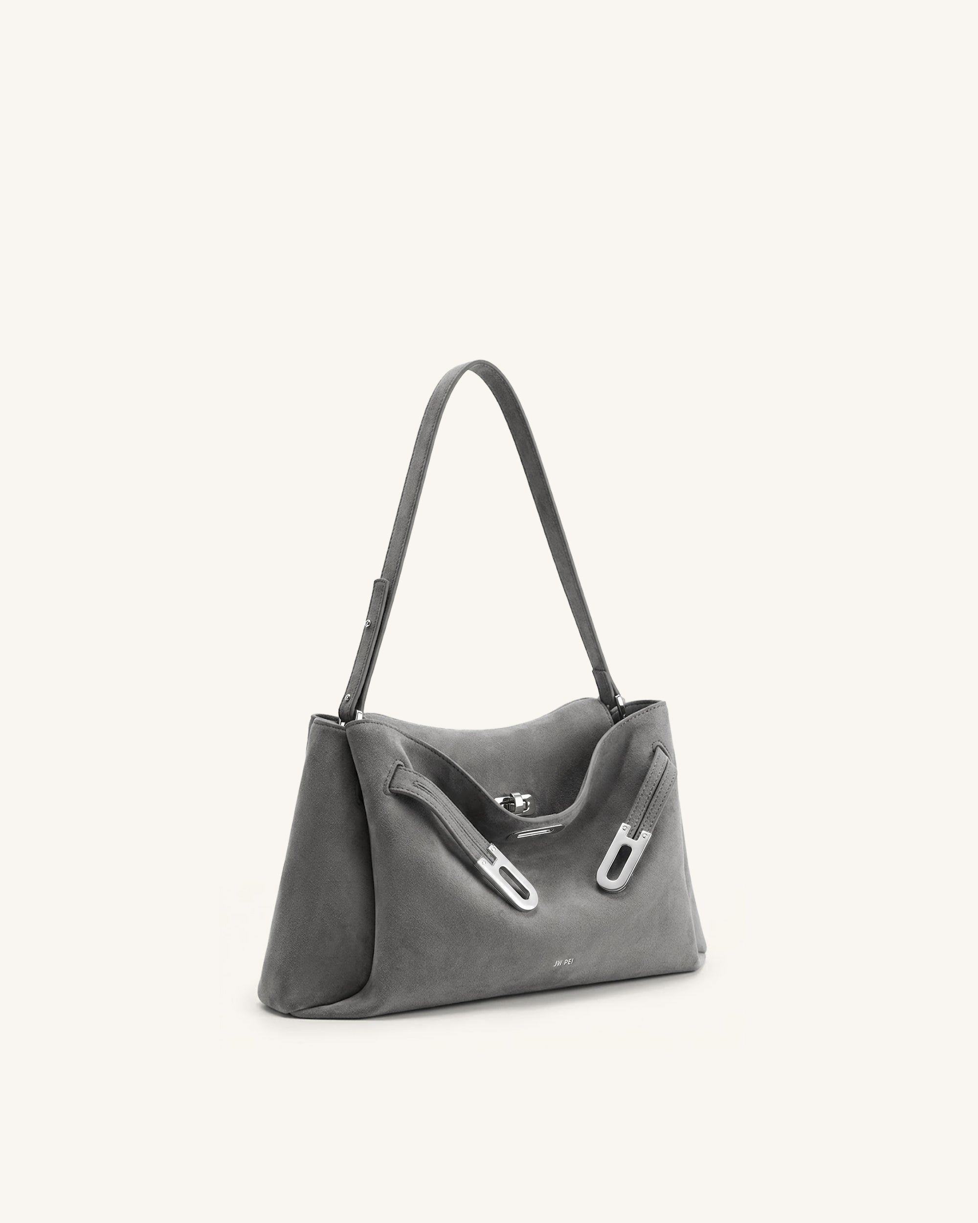 Rhea Faux Suede Double Buckle Shoulder Bag - Grey
