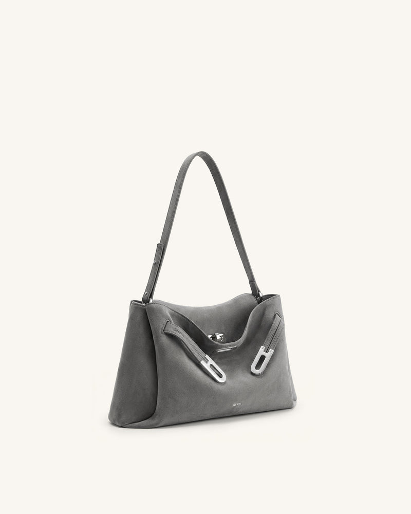 Rhea Faux Suede Double Buckle Shoulder Bag - Grey