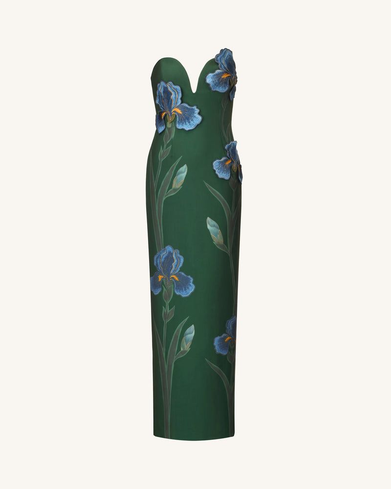 Iris Embroidered Notch Neck Strapless Maxi Dress - Emerald Green