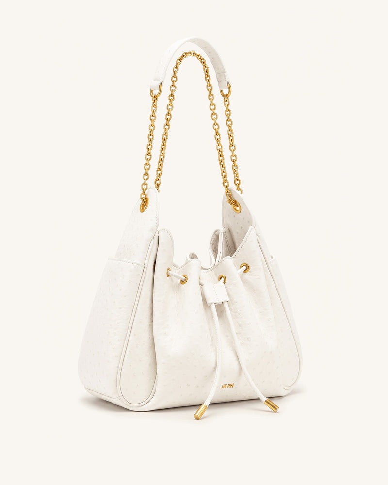 Rowan Faux Ostrich Grain Ruched Drawstring Chain Bucket Bag - Cream White