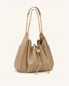 Rowan Faux Ostrich Grain Ruched Drawstring Chain Bucket Bag - Oak Brown