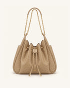 Rowan Faux Ostrich Grain Ruched Drawstring Chain Bucket Bag - Oak Brown