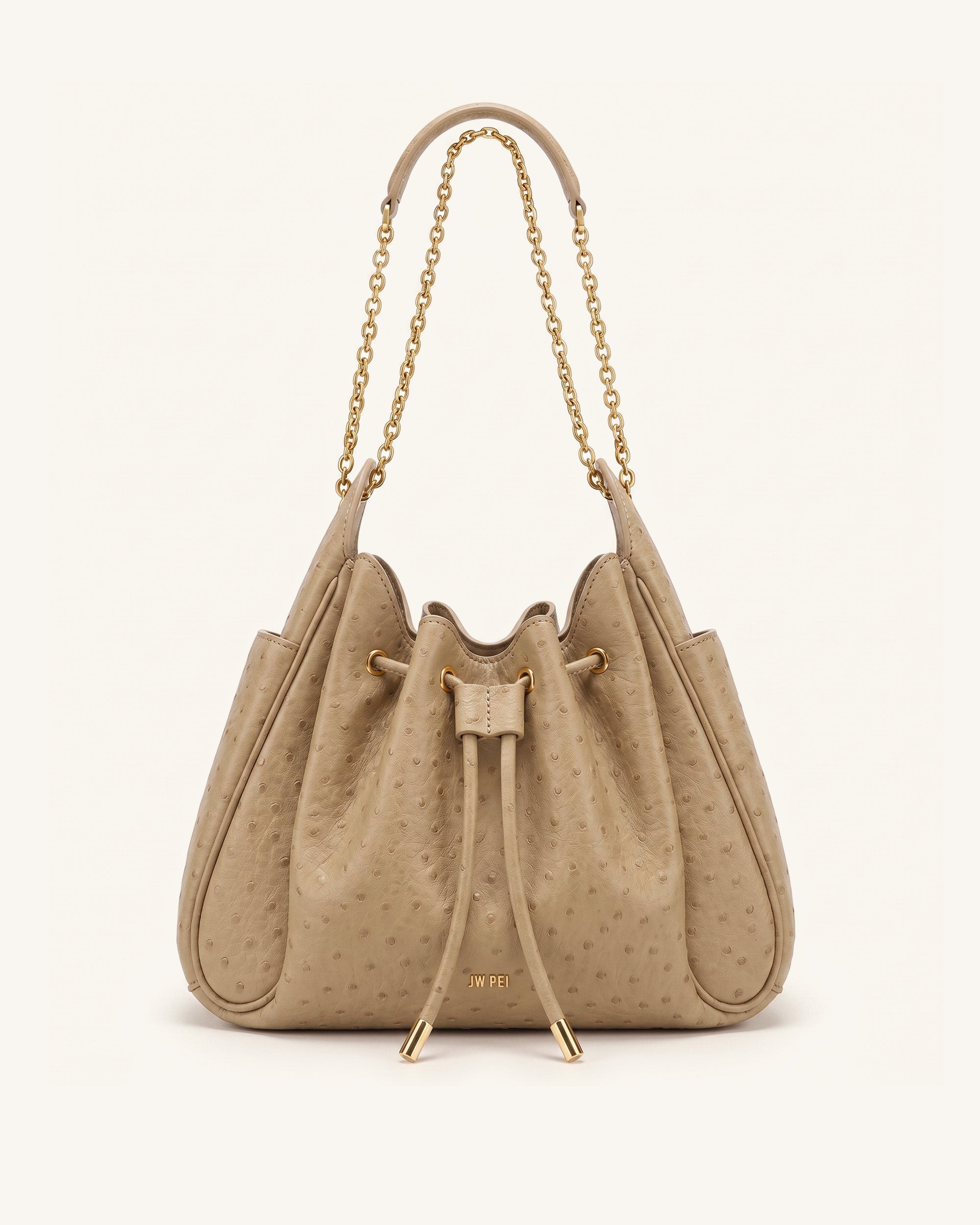 Rowan Faux Ostrich Grain Ruched Drawstring Chain Bucket Bag - Oak Brown