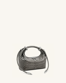 Ellie Metal Ring Embellished Top Handle Bag - Medium Gray Croc