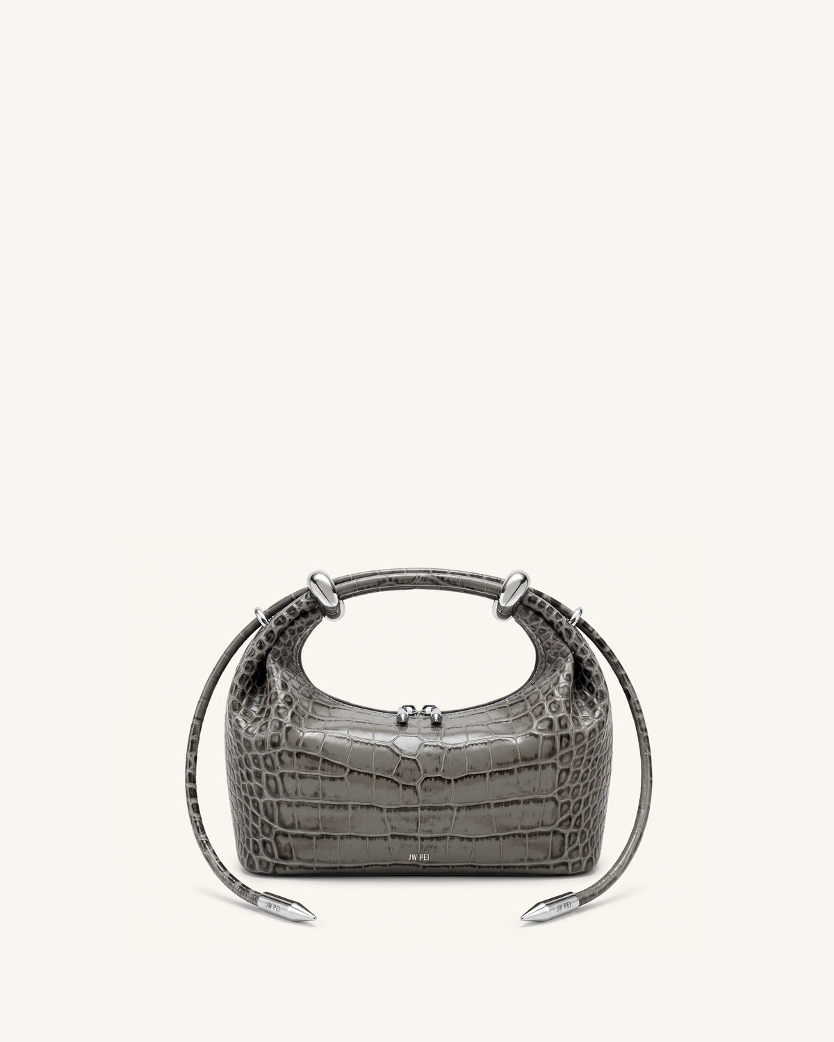 Ellie Metal Ring Embellished Top Handle Bag - Medium Gray Croc