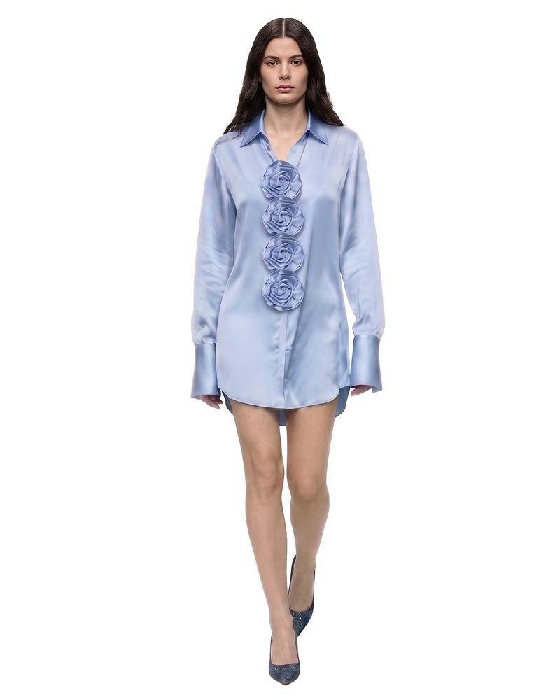 3D Floral Satin Button-Down Shirt - Light Blue