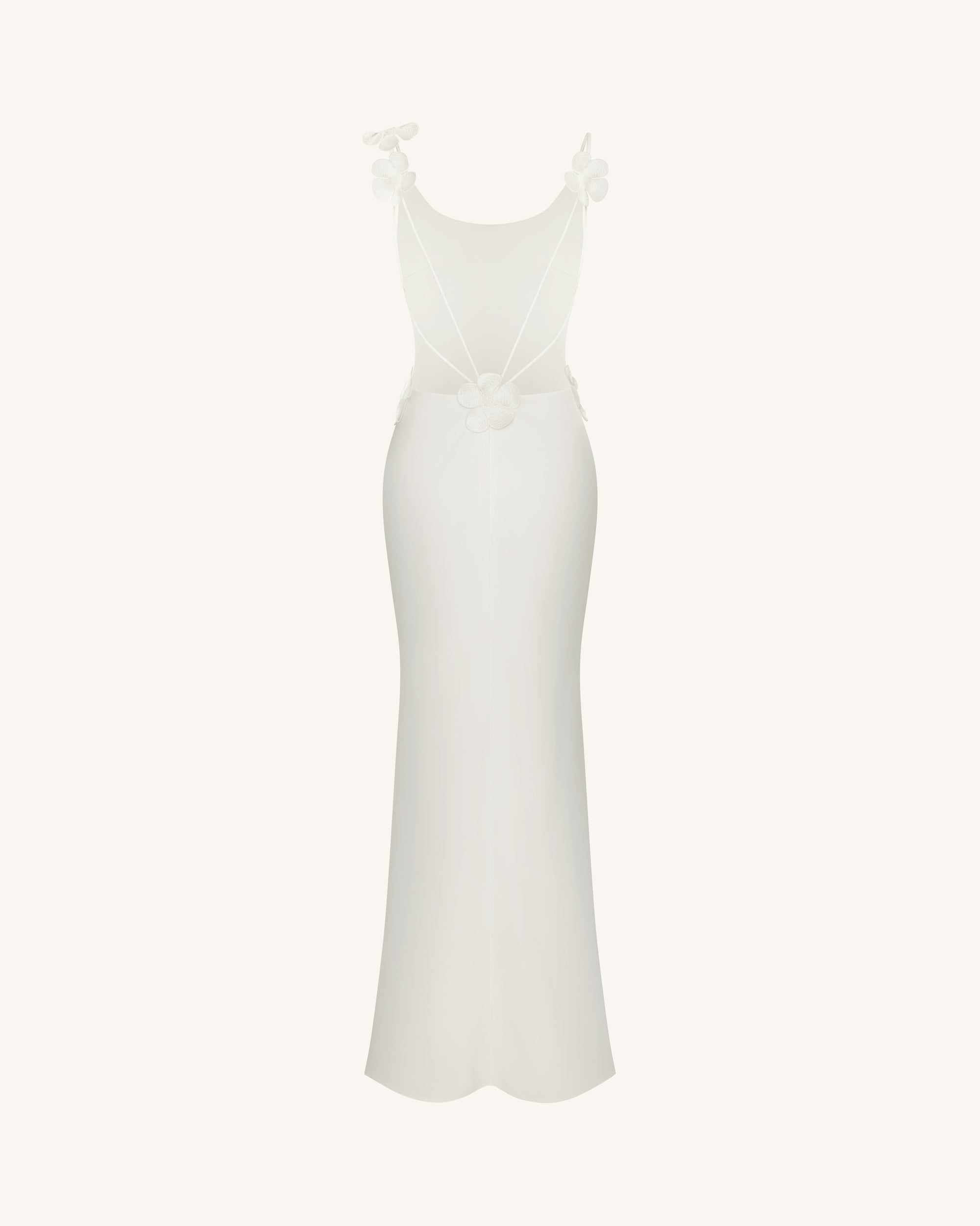 3D Floral Appliqué Satin Dress - White