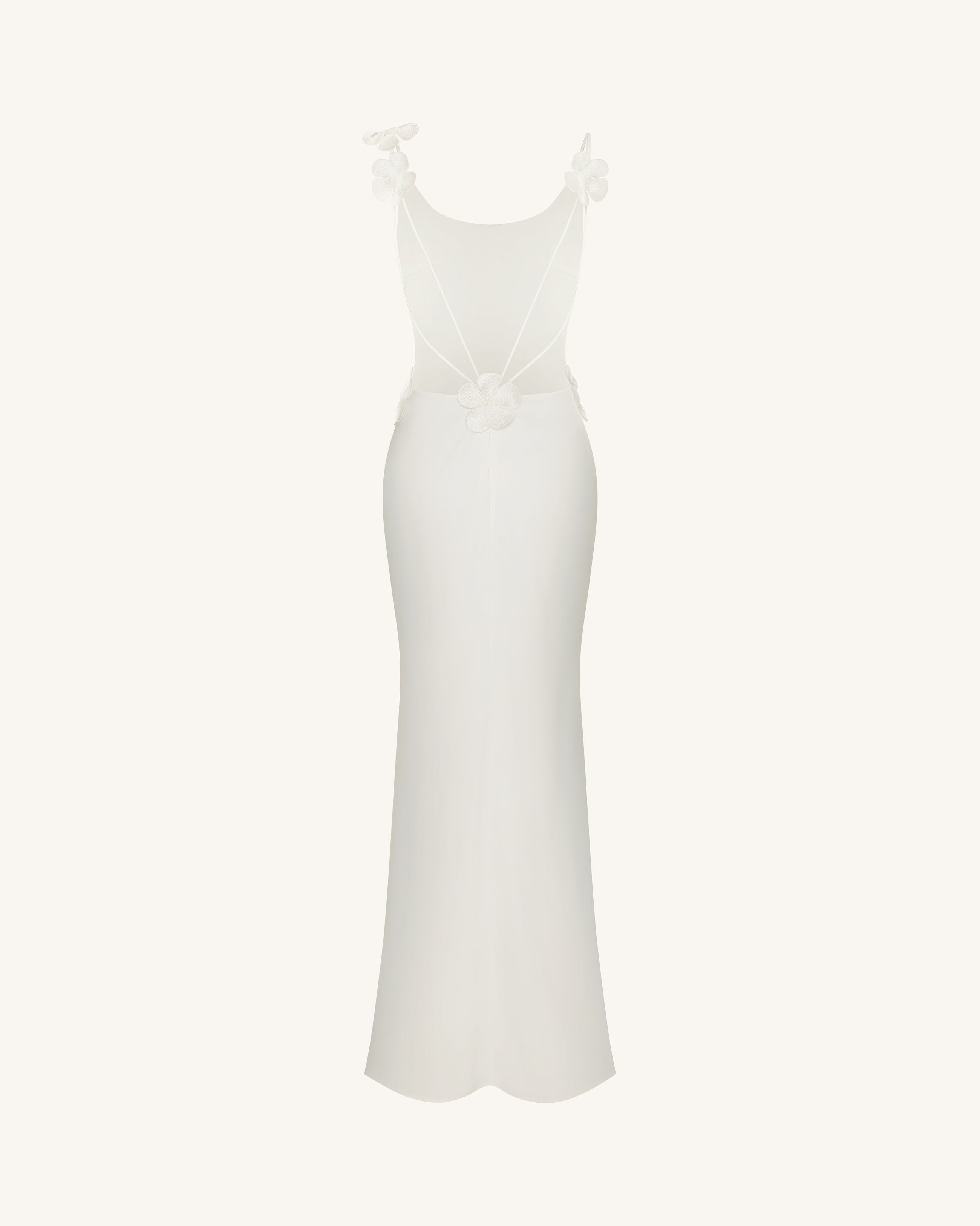 3D Floral Appliqué Satin Dress - White