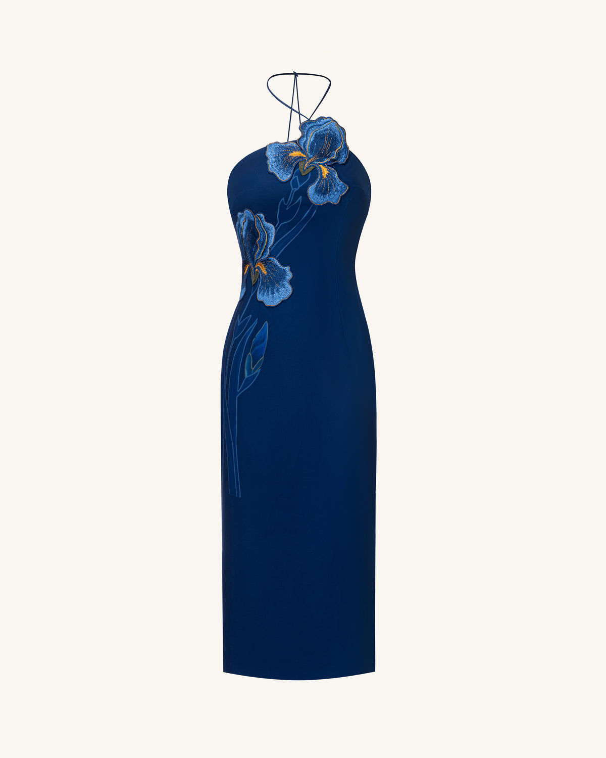 Iris Embroidered Halter Midi Dress - Navy Blue