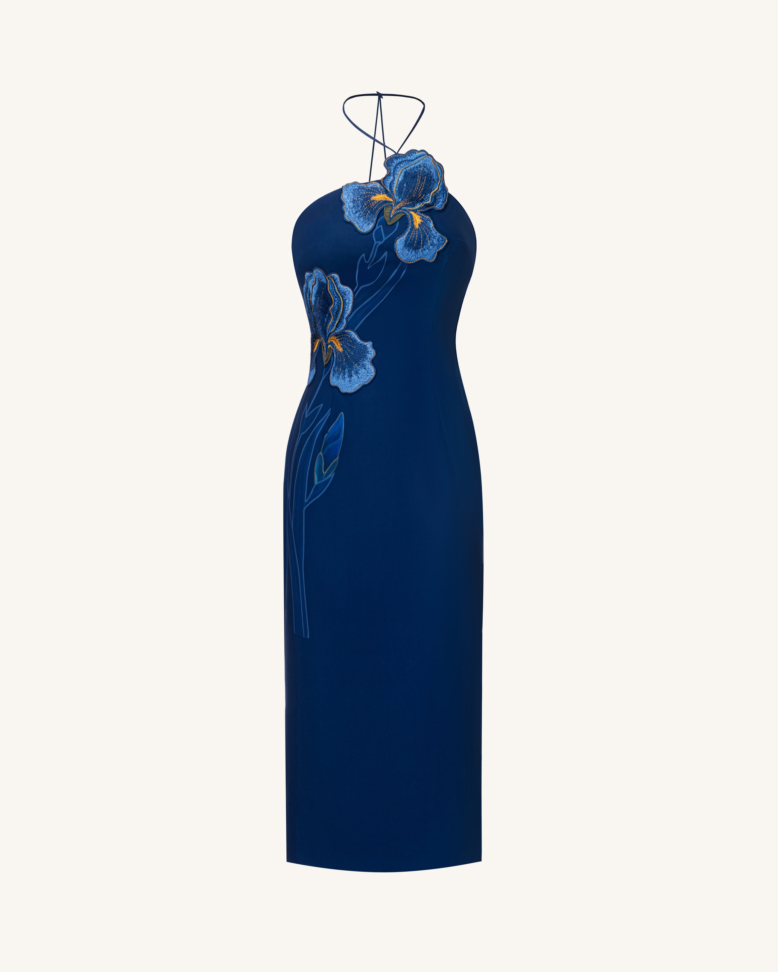 Iris Embroidered Halter Midi Dress - Navy Blue