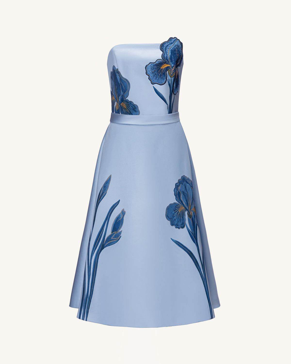 Iris Embroidered Strapless A-Line Midi Dress - Dusty Blue
