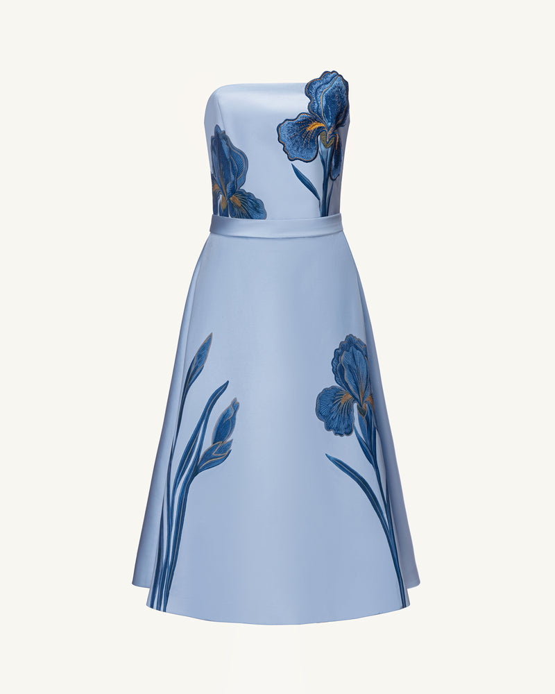 Iris Embroidered Strapless A-Line Midi Dress - Dusty Blue