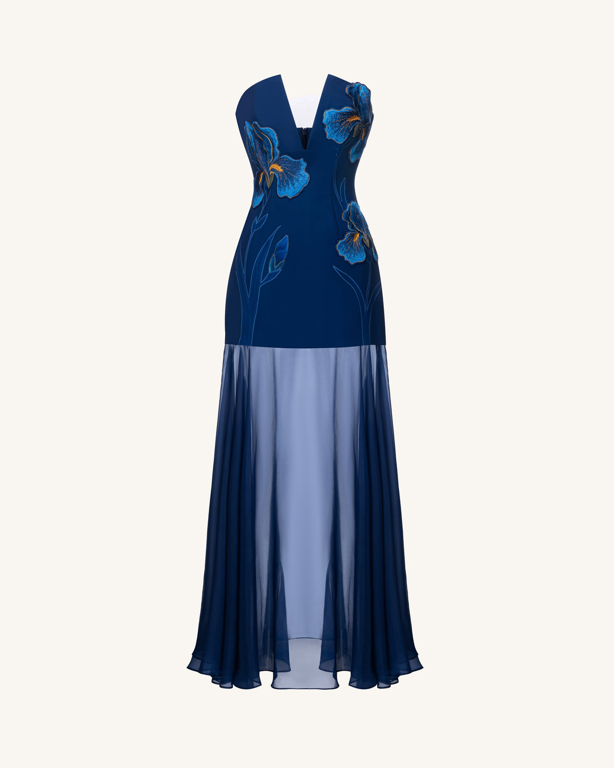Iris Embroidered Plunge Sheer Overlay Maxi Dress - Navy Blue