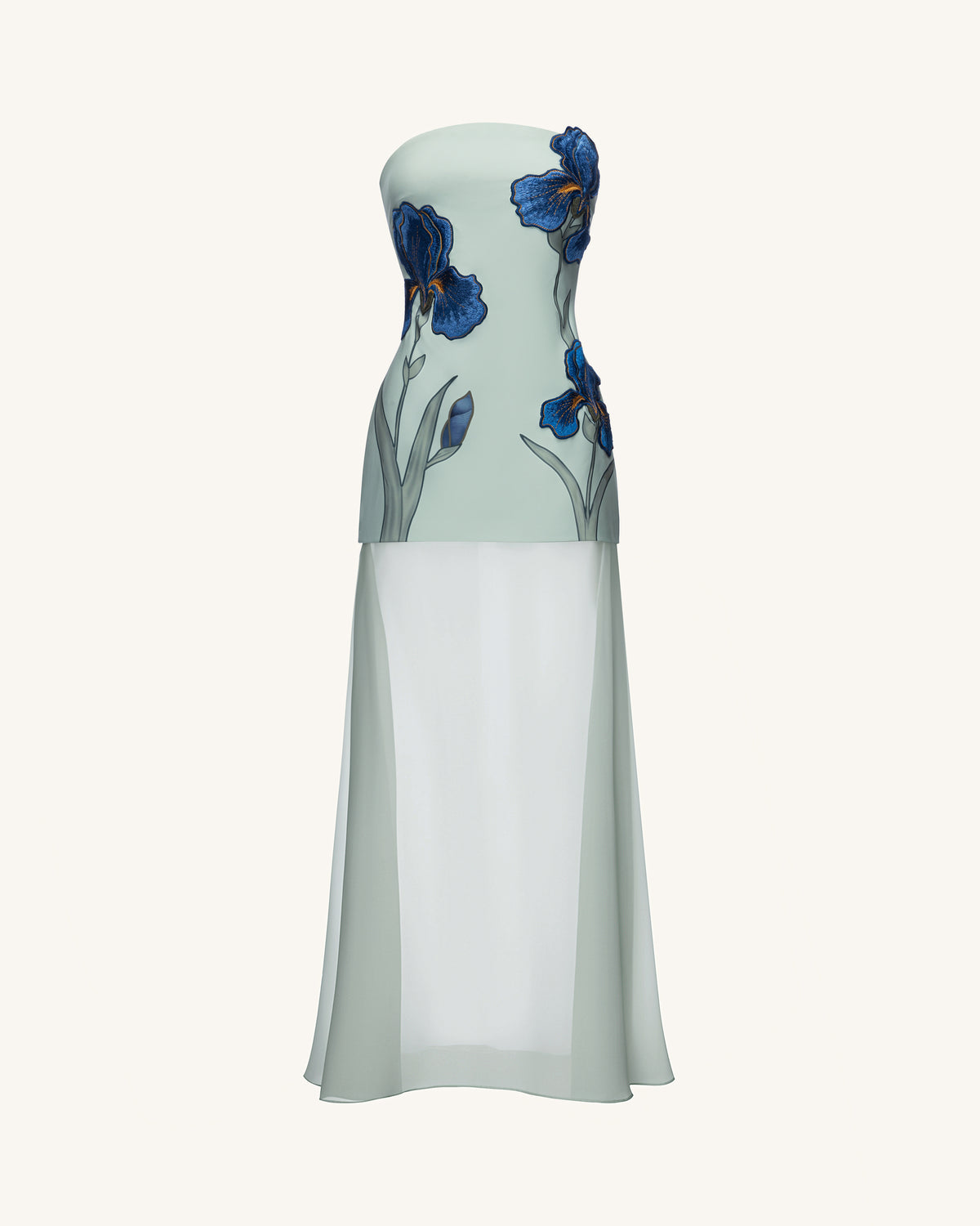 Iris Embroidered Strapless Sheer Overlay Maxi Dress - Sage Green